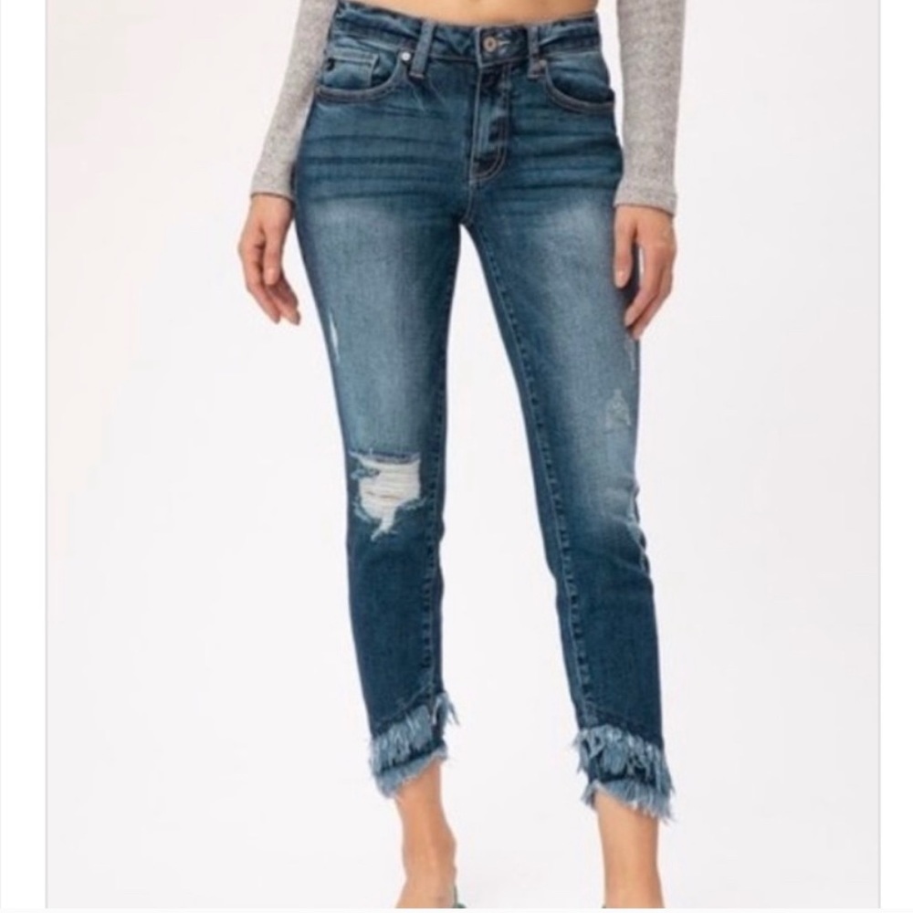 New! KanCan Distressed Double Frayed Hem Mid Rise Stretch Denim Jeans